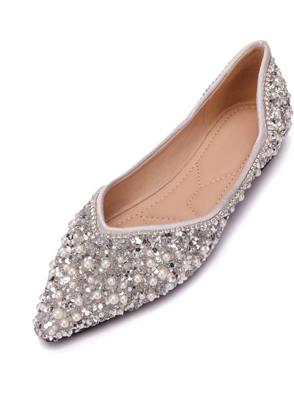 Women's Silver Rhinestone Flats Pointed Toe Pearl Diamond Low Heel Ballet Shoes